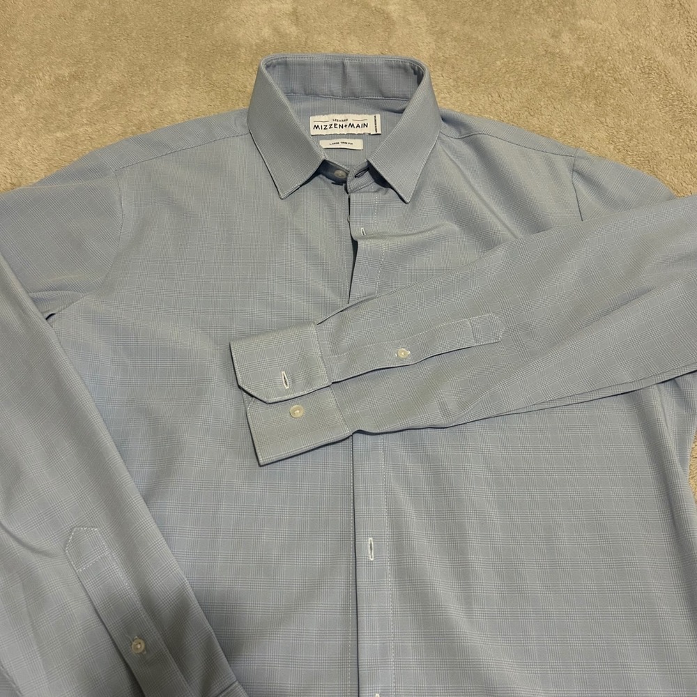 Mizzen+Main Leeward Dress Shirt Mens Large Trim Fit Blue Micro Check